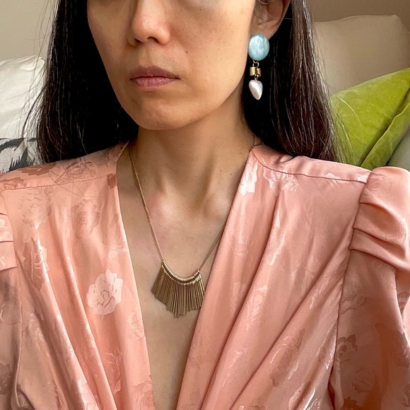 Redesigned blue opalescent clip on earrings with bow and faux pearl heart dangle - Picture 4 of 13